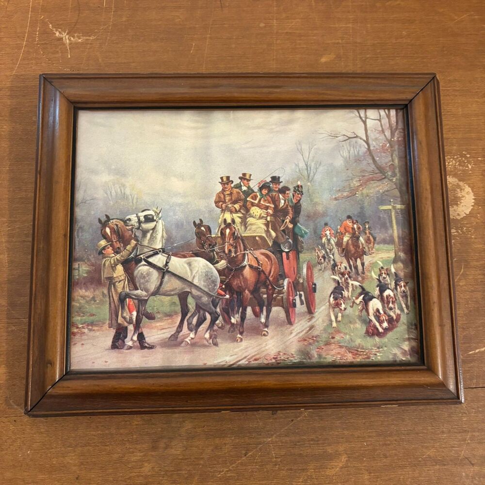 Antique Horse Fox Hunt Painting Print Reproduction Framed NO GLASS